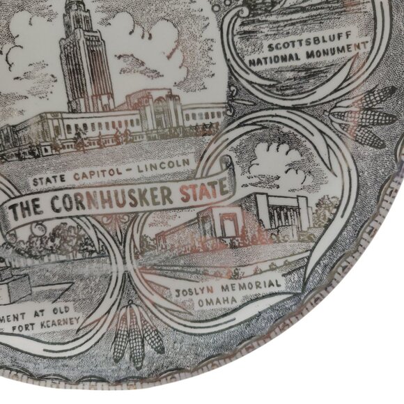 Vintage Nebraska Souvenir Plate 9" With State Capitol & Landmarks In Brow & Gold - Picture 8 of 15